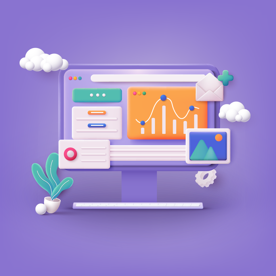 Illustration of a computer with data analytics, dashboard and reports