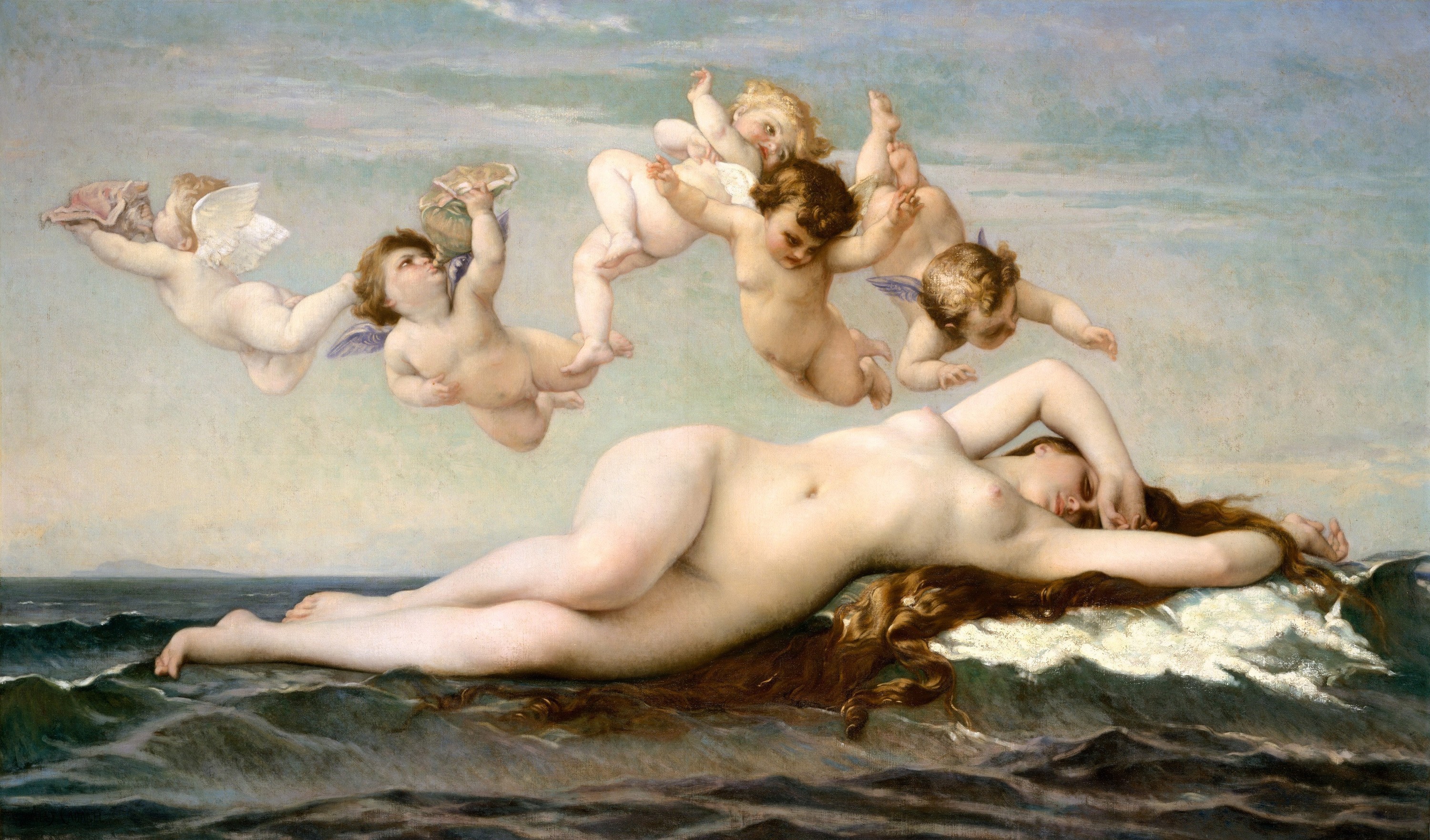 A picture of Aphrodite lying in the sea, with five babies with wings flying above her