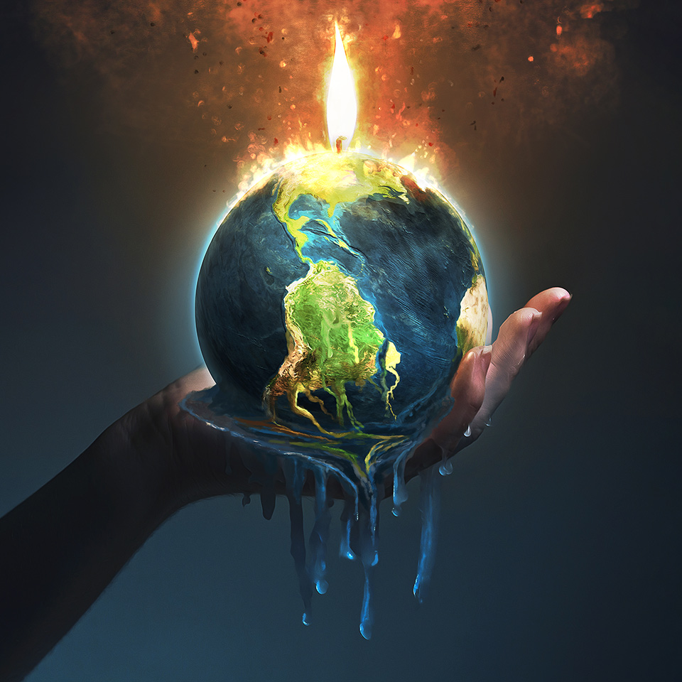 A hand holding up the Earth, which is melting like a candle