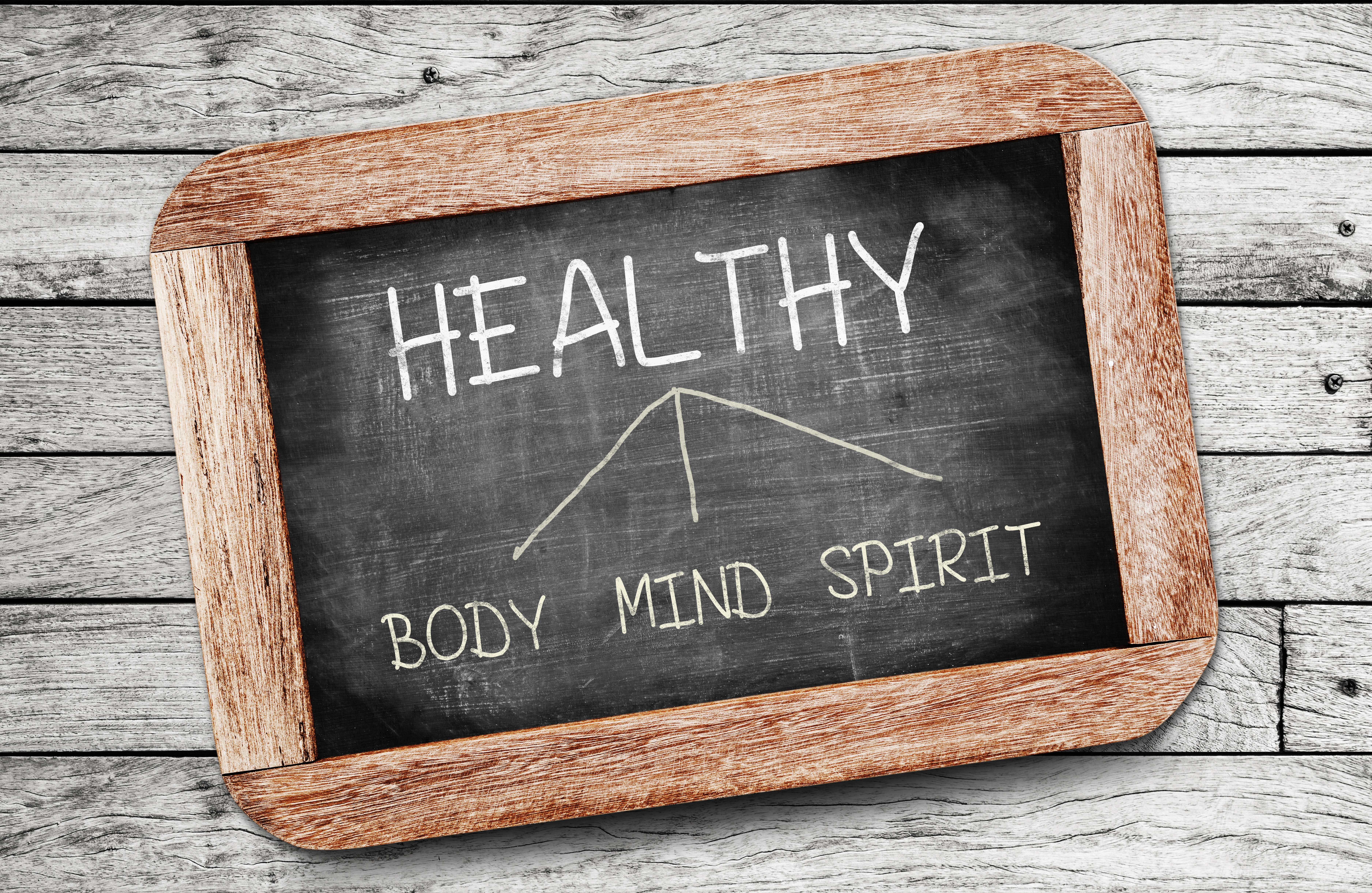Healthy, body, mind & spirit written on a chalk board
