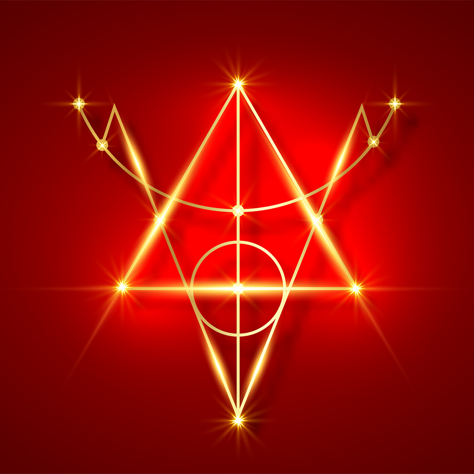 Bright gold sigil of protection on a red background