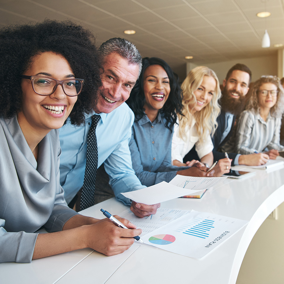 Smiling coworkers in an office