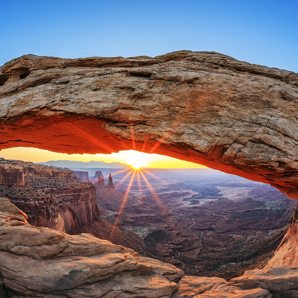 Famous sunrise at Mesa Arch in Canyonlands National Park, Utah, USA