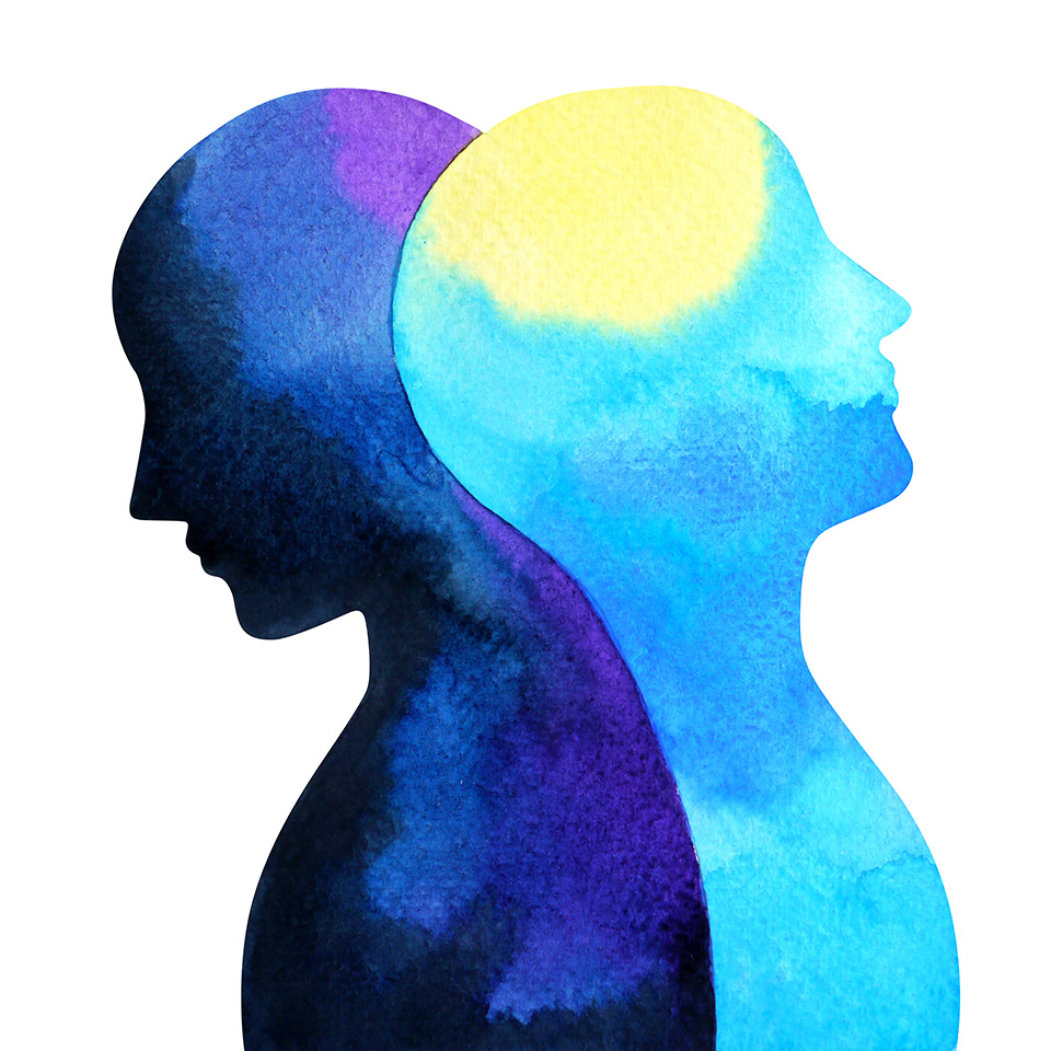 Watercolour painting of two human silhouettes back-to-back and slightly merged