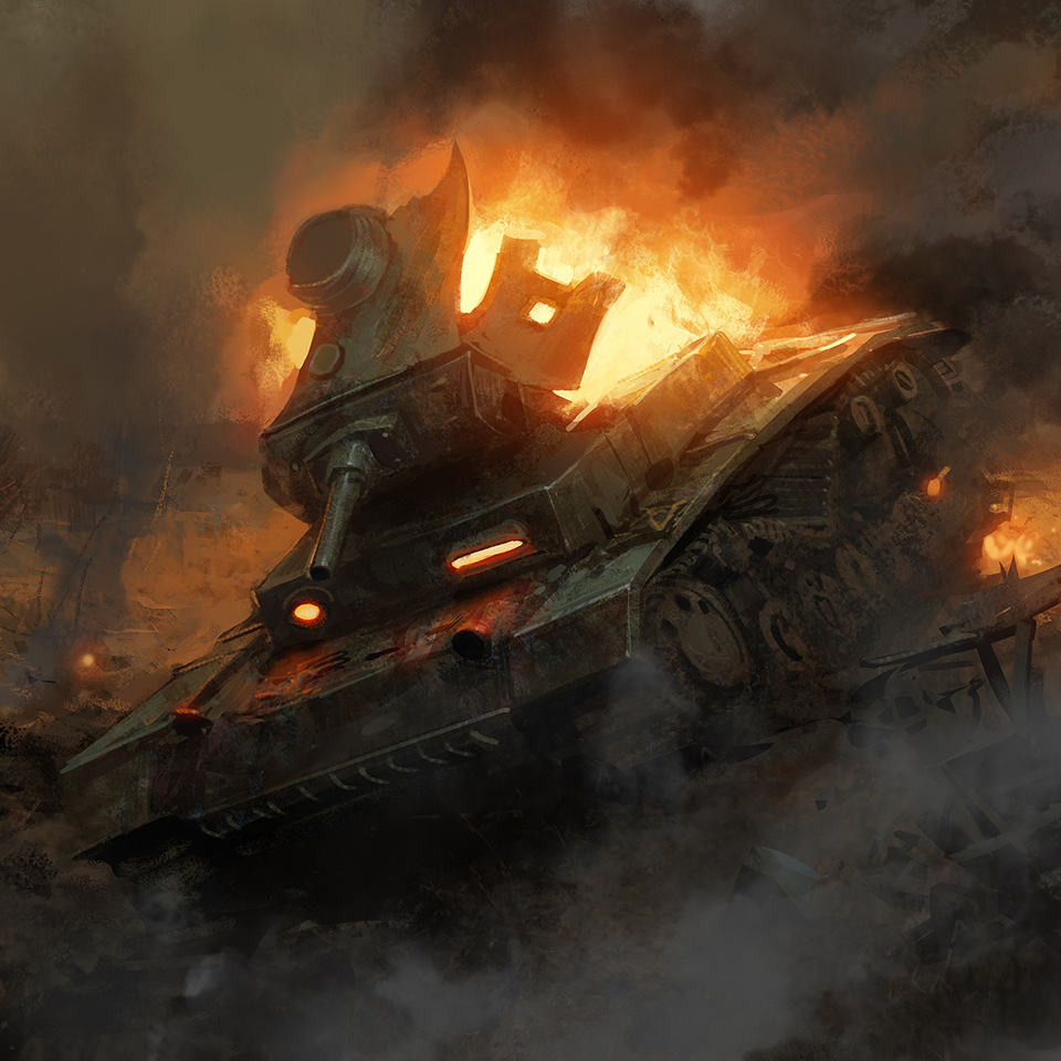 Painting of a World War II tank on fire