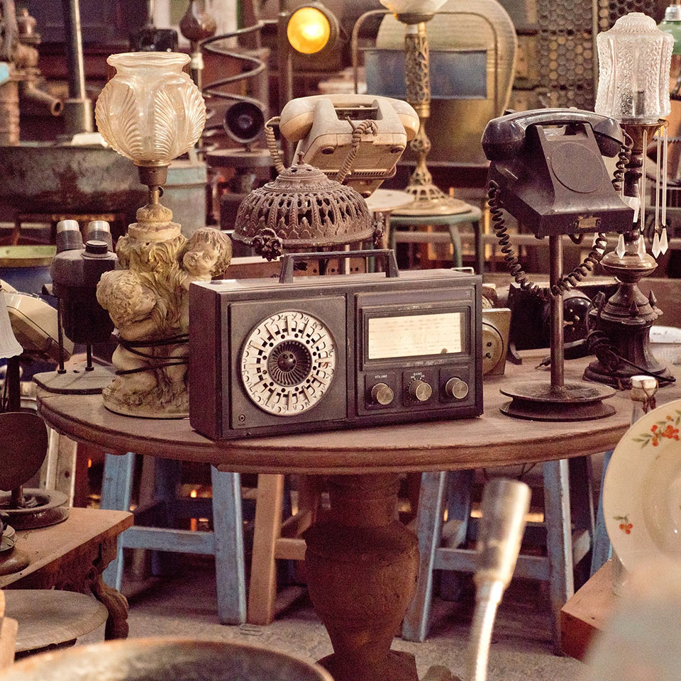 Antique street shop with old, vintage items in Bali