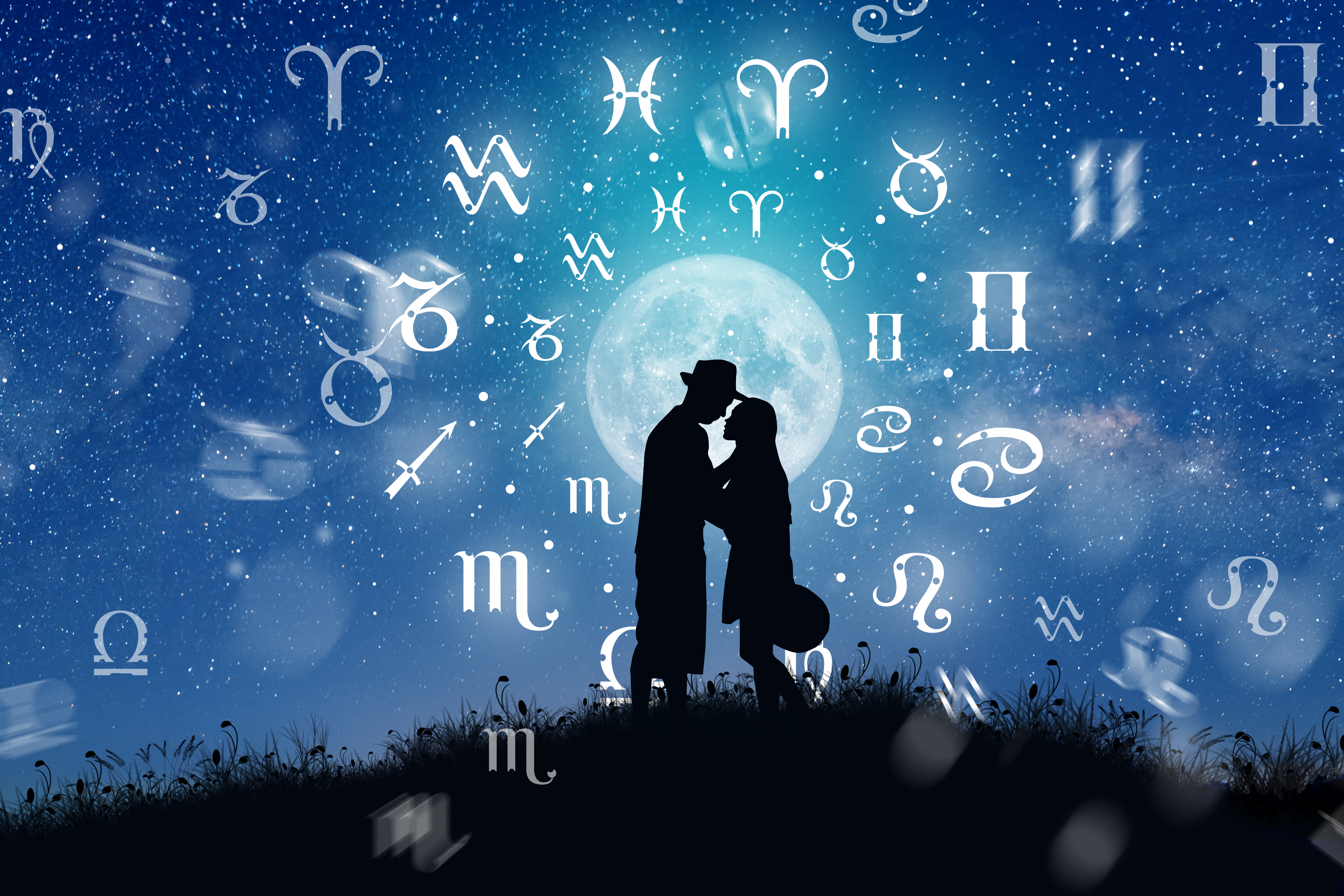 Silhouettes of a man and woman in front of a moon and starry sky, surrounded by the zodiac signs