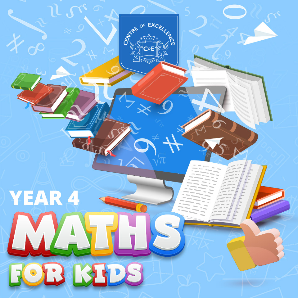 Illustration of books and a computer with numbers and maths symbols in the background. The caption reads Year 4 Maths for Kids.