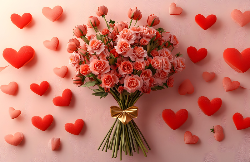 Image of pink roses surrounded by hearts.