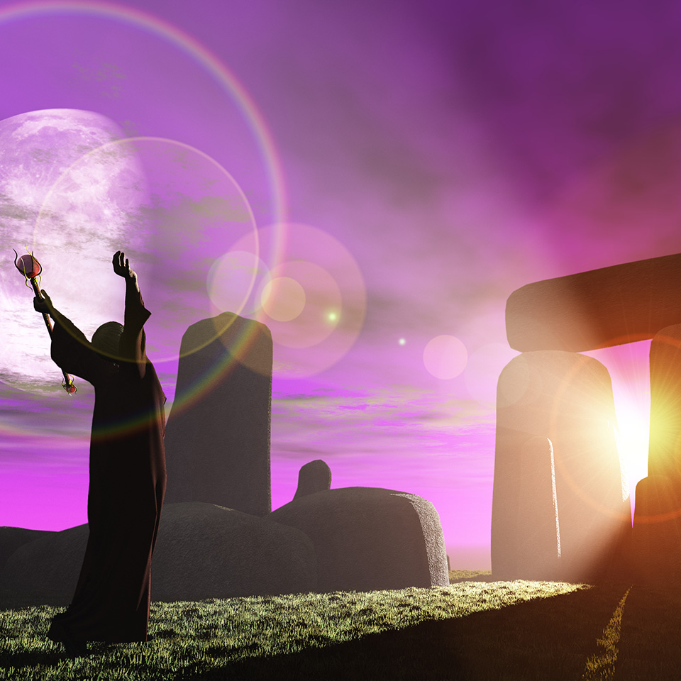 Fantasy render of Celtic druid bathing in sun rays shining through standing stones at Stonehenge.