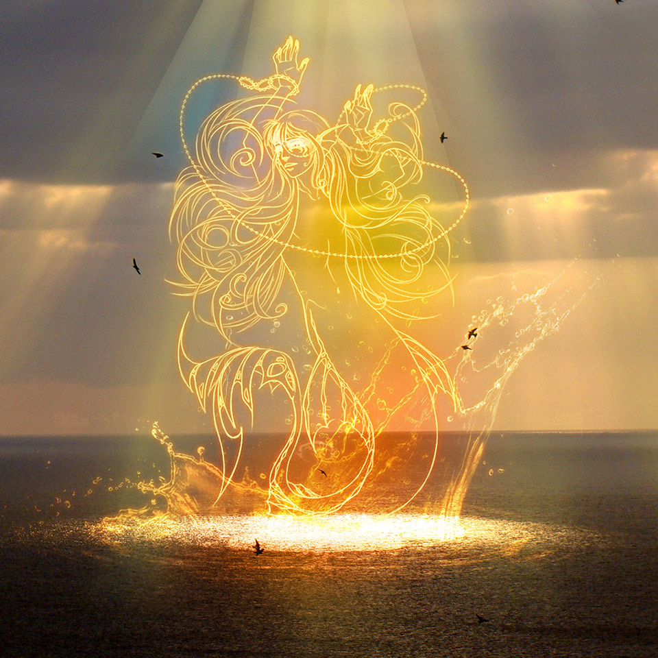 Illustration of a line-drawn, glowing mermaid coming out of the sea